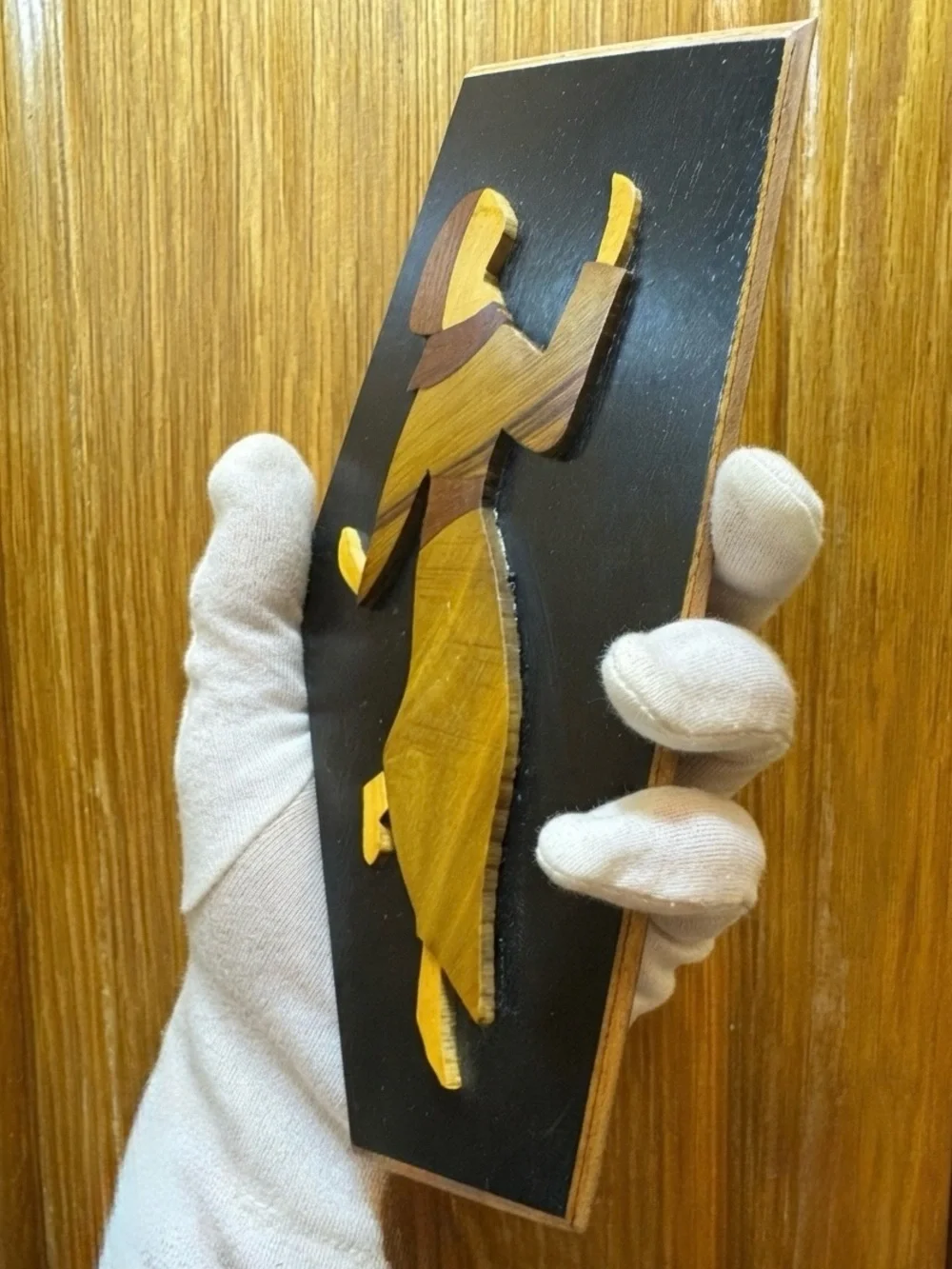 Vintage Inlay Wooden Dancing Figure Wall Plaque - Brown & Black